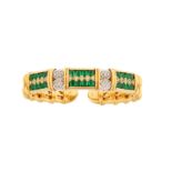 An emerald and diamond bangle, earrings, and ring suite