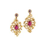 A pair of gem-set and diamond pendent earrings