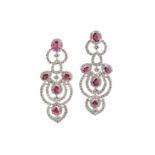A pair of ruby and diamond pendent earrings