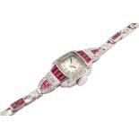 A synthetic ruby and diamond cocktail watch, by Ebel, circa 1945