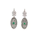 A pair of grey jade, emerald and diamond earrings