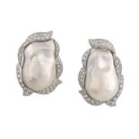 A pair of cultured pearl and diamond earrings