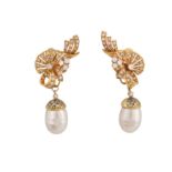 A pair of cultured pearl and diamond pendent earrings