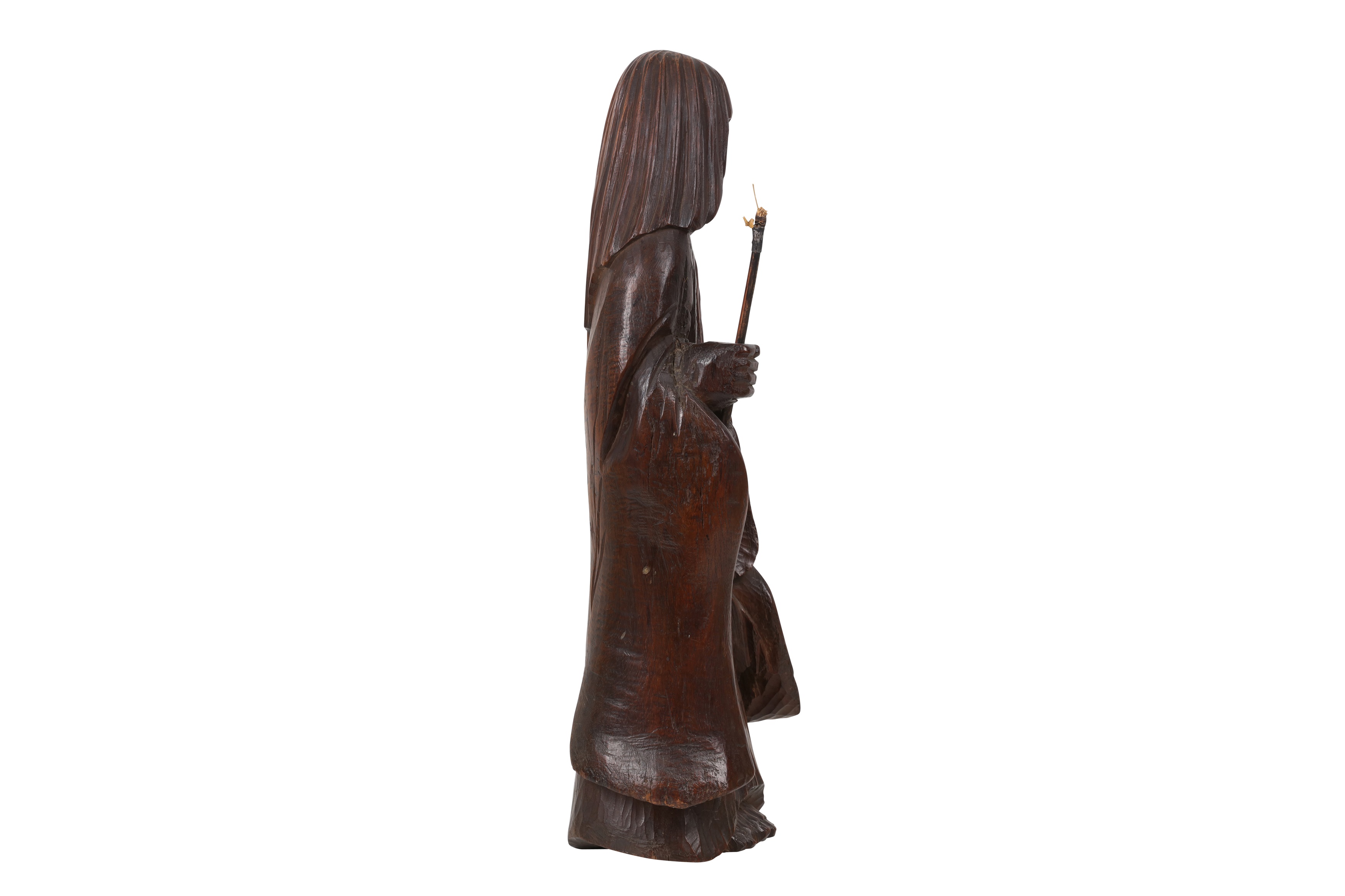 A LATE 19TH / EARLY 20TH CENTURY JAPANESE CARVED WOODEN FIGURE OF A SHOJO - Bild 2 aus 5
