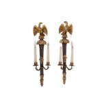 A PAIR OF 20TH CENTURY WALL MOUNTED EAGLE LIGHTING APPLIQUES