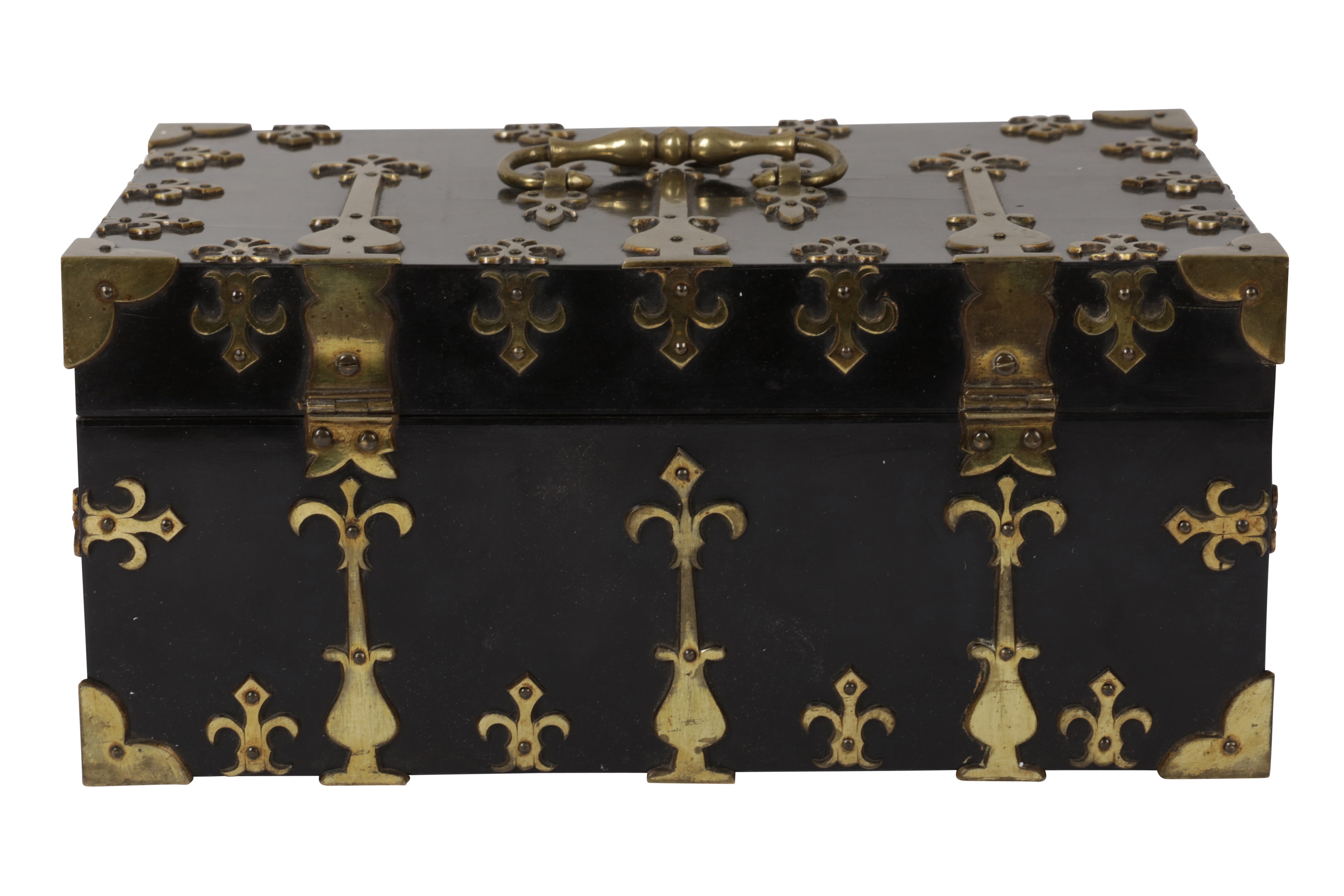 A LATE VICTORIAN ENGLISH GOTHIC REVIVAL BRASS MOUNTED EBONY STATIONARY BOX - Image 5 of 5