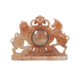 AN UNUSUAL 20TH CENTURY ENGLISH ROYAL COAT OF ARMS CARVED SOAPSTONE MANTLE CLOCK