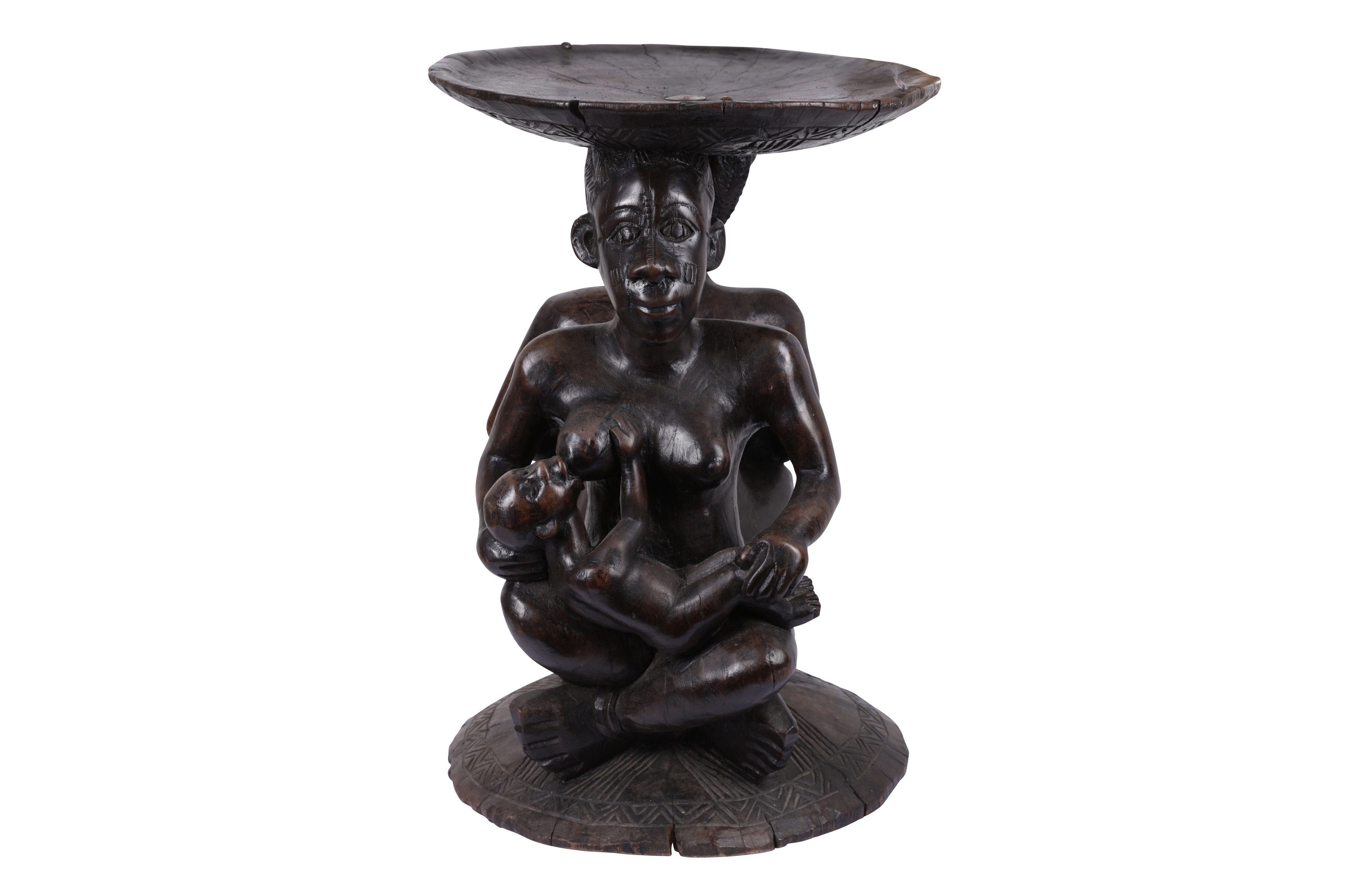 A WEST AFRICAN TRIBAL CARVED HARDWOOD MATERNITY FIGURE STOOL / TABLE - Image 4 of 6