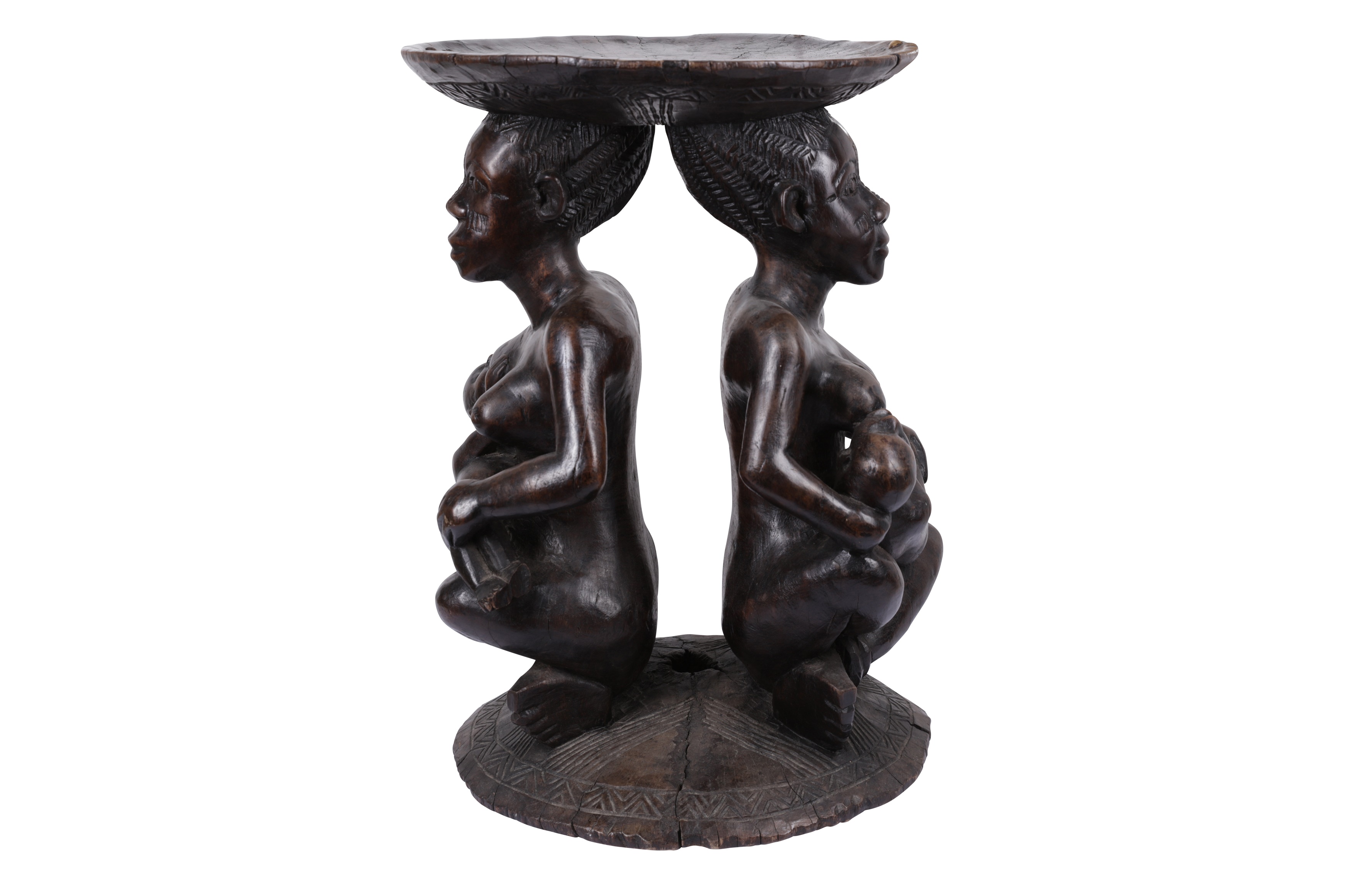 A WEST AFRICAN TRIBAL CARVED HARDWOOD MATERNITY FIGURE STOOL / TABLE - Image 3 of 6