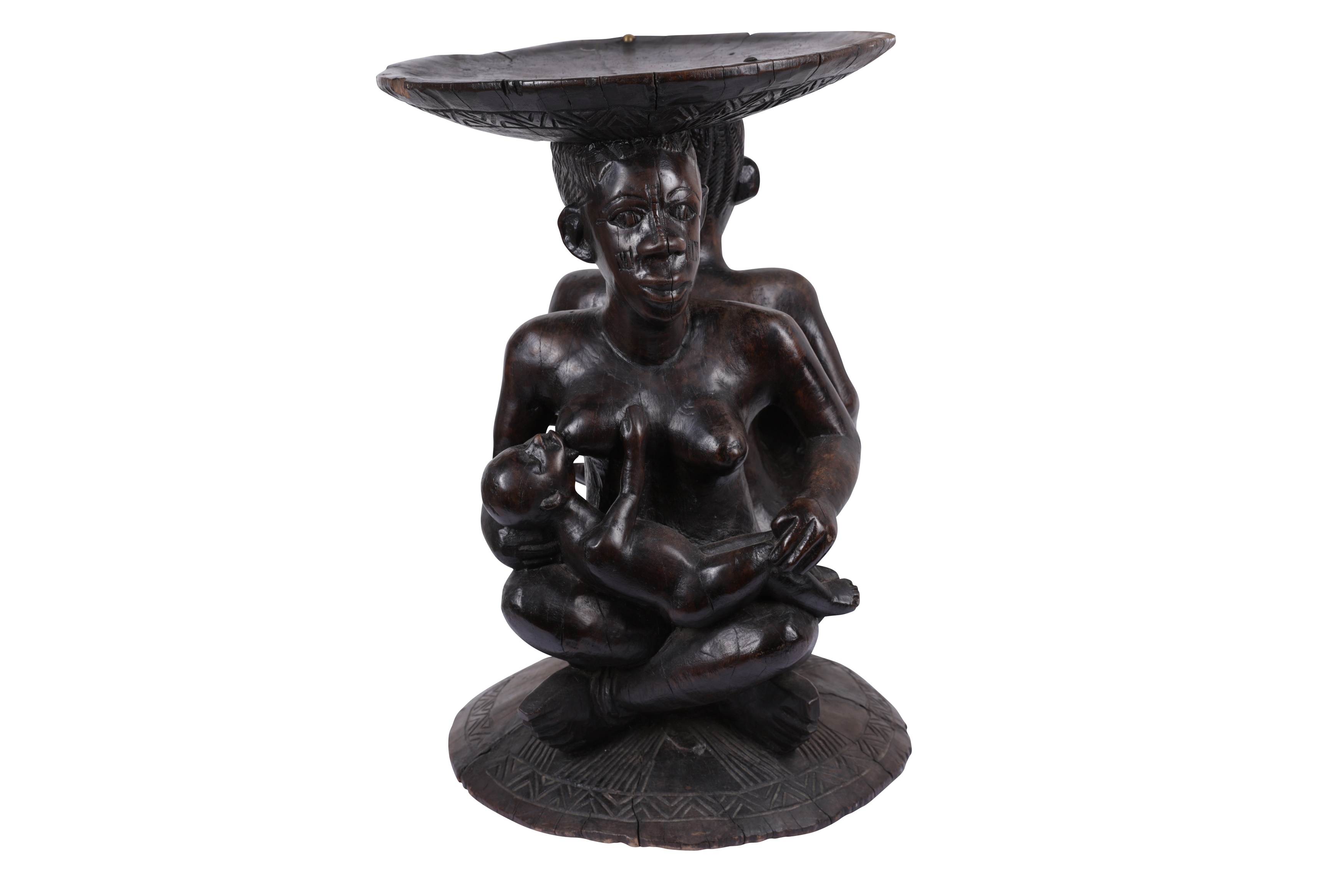 A WEST AFRICAN TRIBAL CARVED HARDWOOD MATERNITY FIGURE STOOL / TABLE - Image 2 of 6