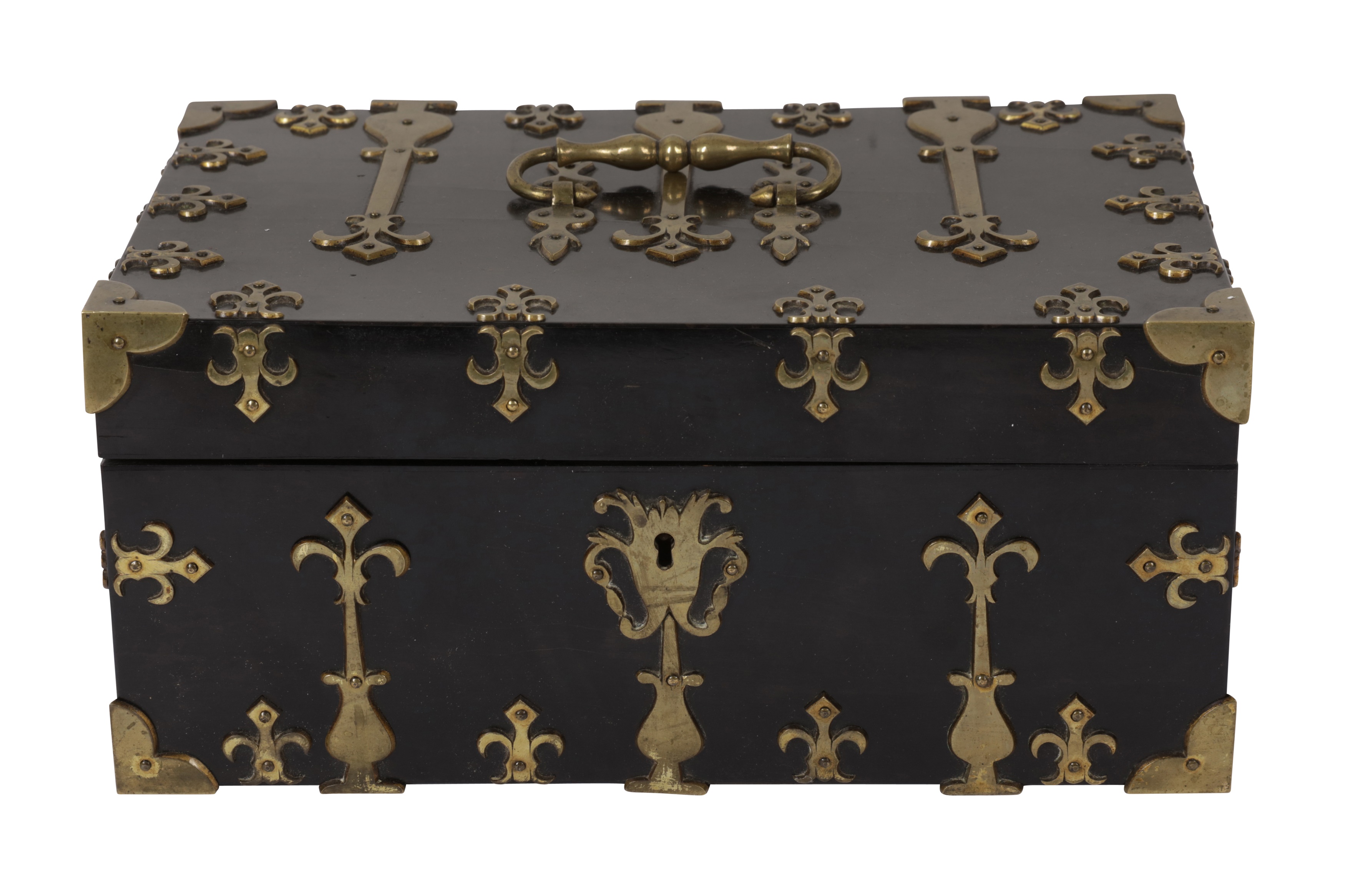 A LATE VICTORIAN ENGLISH GOTHIC REVIVAL BRASS MOUNTED EBONY STATIONARY BOX - Image 2 of 5
