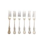 A set of six Victorian sterling silver table forks, London 1847 by George Adams of Chawner and Co