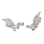 A pair of late 20th century Spanish sterling silver table ornament fighting cocks, import marks for