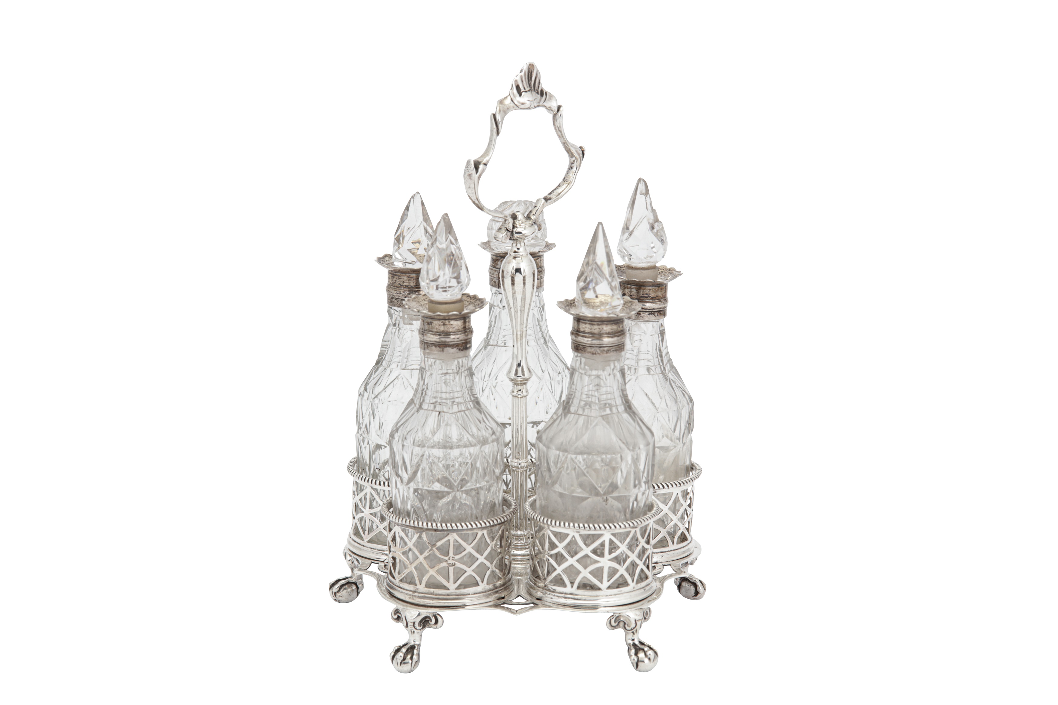 An early George III sterling silver five bottle sauce cruet, London 1762 by Erick Romer