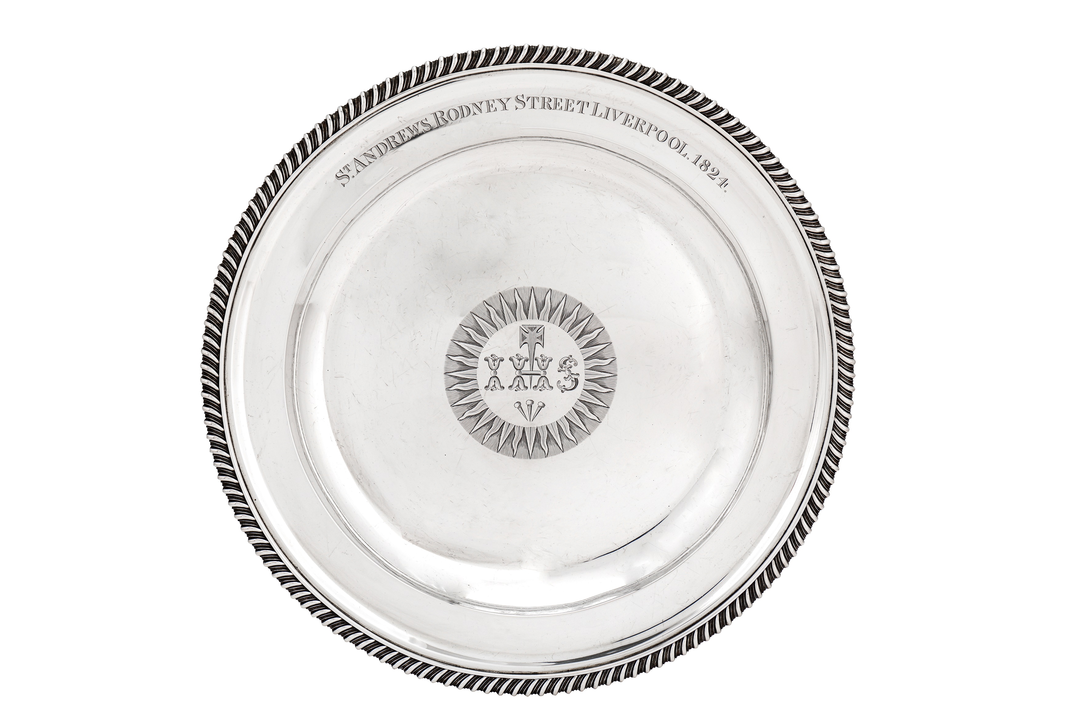 Ecclesiastical - A large George IV sterling silver alms basin, London 1823 by Rebecca Emes and