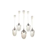 Four George III sterling silver tablespoons and a basting spoon, the latter London 1782 by William