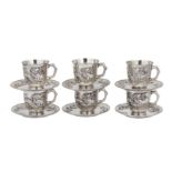A set of late 19th / early 20th century Chinese export silver cups and saucers, Shanghai circa 1900