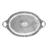 A large late 19th / early 20th century Chinese Export silver twin handled tray, Canton circa 1900