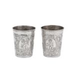 A pair of Elizabeth I Russian 84 zolotnik (875 standard) silver beakers, Moscow 1744 by Grigory