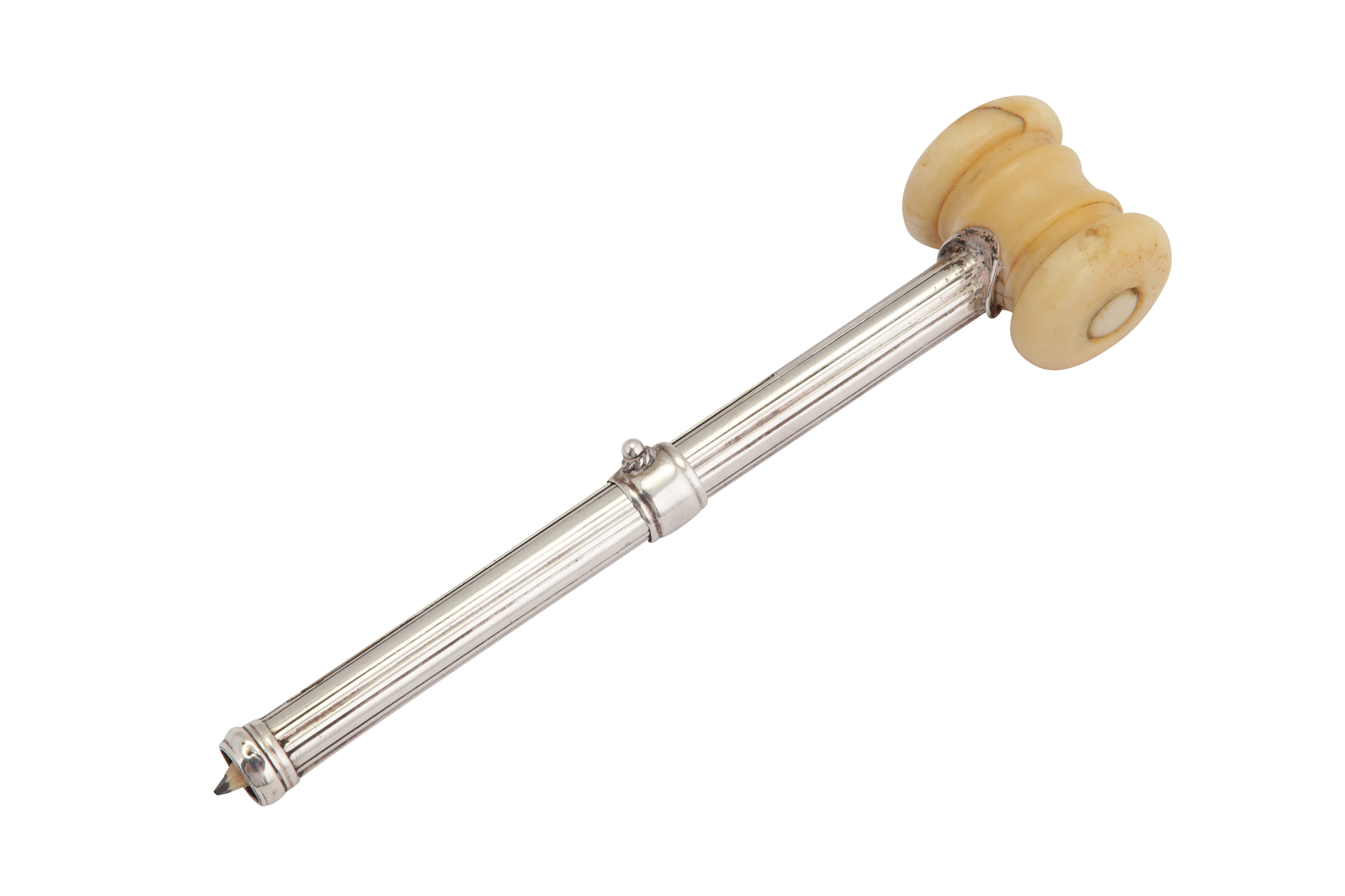 A Victorian sterling silver and marine ivory novelty auctioneers’ pencil and gavel, Chester 1900