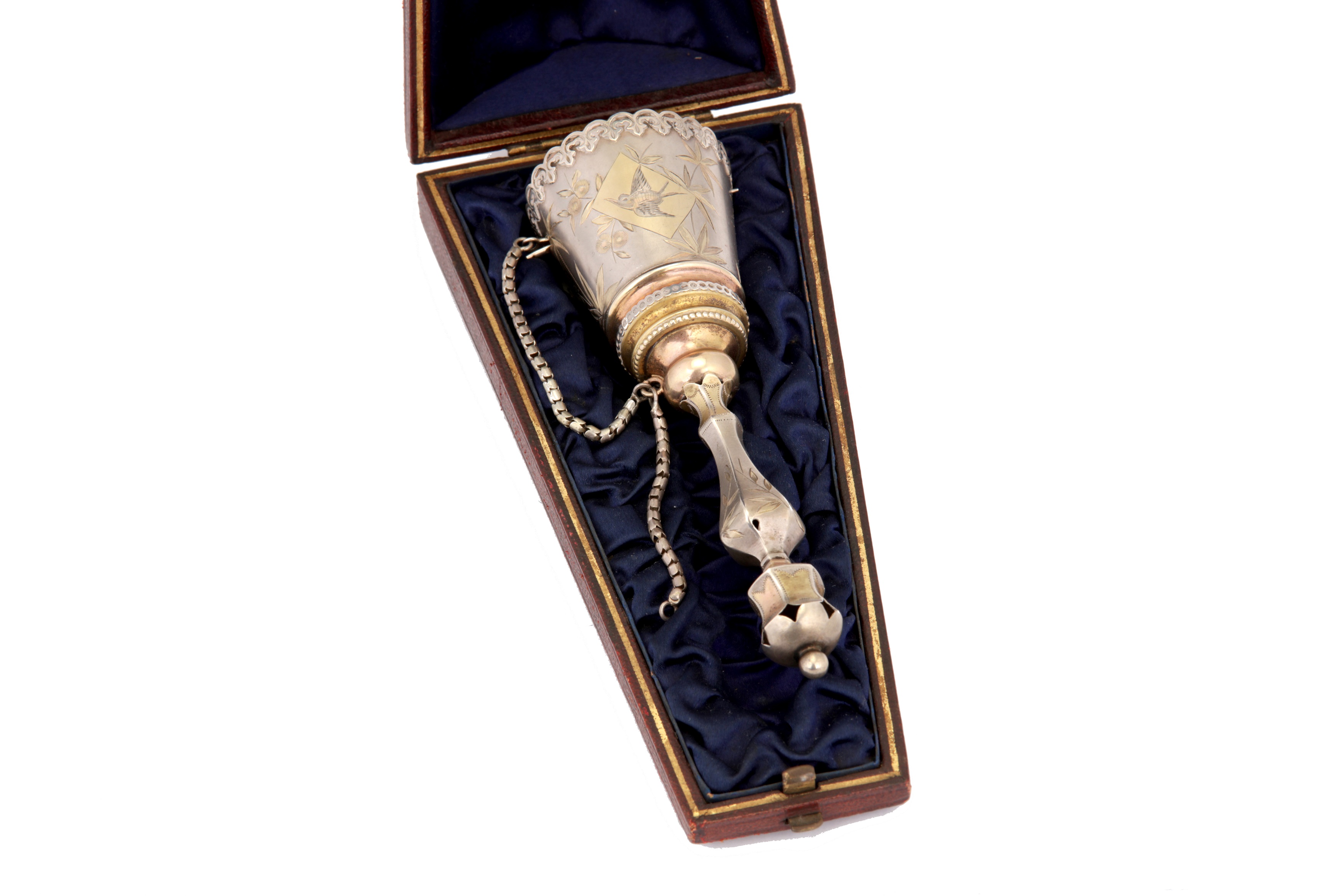 A cased Victorian unmarked parcel gilt silver posy holder, circa 1880