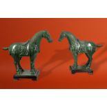 A PAIR OF LARGE CHINESE SPINACH-GREEN HORSES.