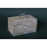 A CHINESE CARVED MOTHER-OF-PEARL RECTANGULAR TEA CADDY.