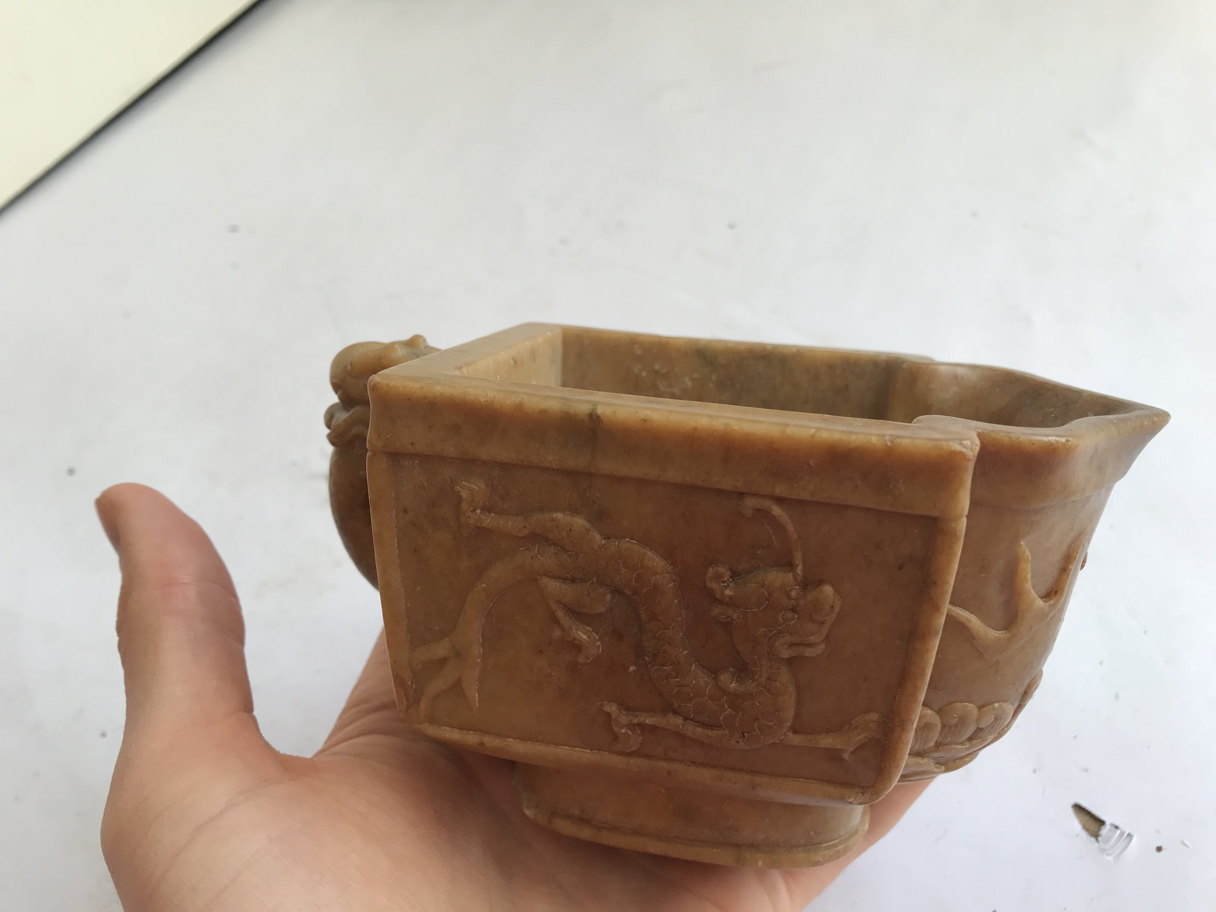 A CHINESE SOAPSTONE ARCHAISTIC 'DRAGON' POURING VESSEL. - Image 3 of 14