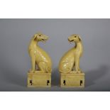 A PAIR OF CHINESE YELLOW GLAZED HOUNDS.