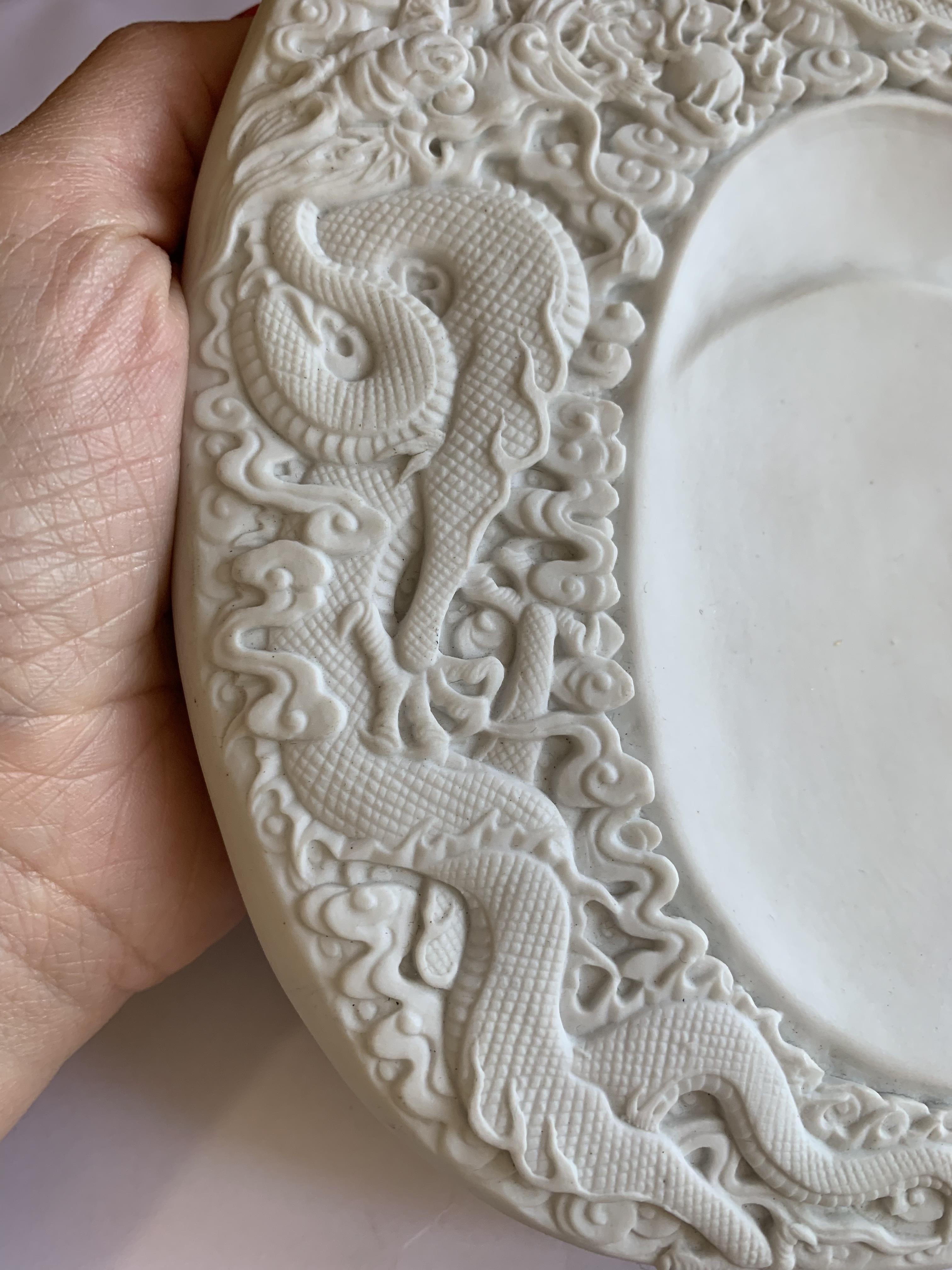 A CHINESE WHITE BISCUIT 'DRAGON' INKSTONE. - Image 6 of 15