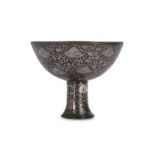 A SILVER AND GOLD-INLAID IRON 'LOTUS' STEM CUP.