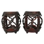 A PAIR OF CHINESE MARBLE-INLAID WOOD BARREL STOOLS.