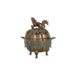 A SMALL CHINESE BRONZE 'SQUIRREL AND MELON' INCENSE BURNER AND COVER.