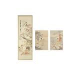 A PAIR OF CHINESE PAINTINGS OF LADIES AND AN EMBROIDERED PANEL.