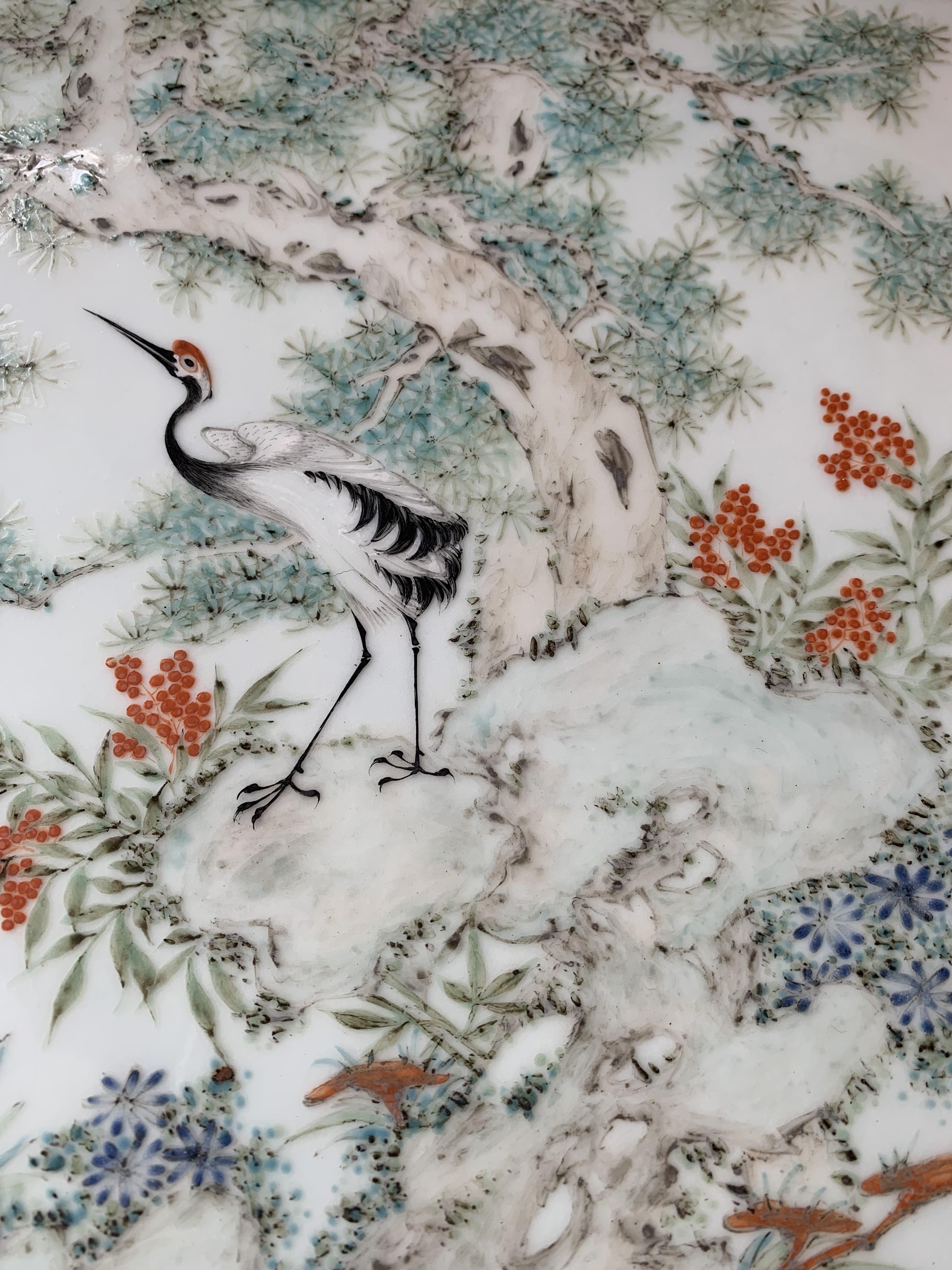 A CHINESE FAMILLE ROSE RECTANGULAR 'DEER AND CRANE' PLAQUE. - Image 8 of 11