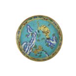 A CHINESE CLOISONNE ENAMEL CIRCULAR 'TIGER' DISH.