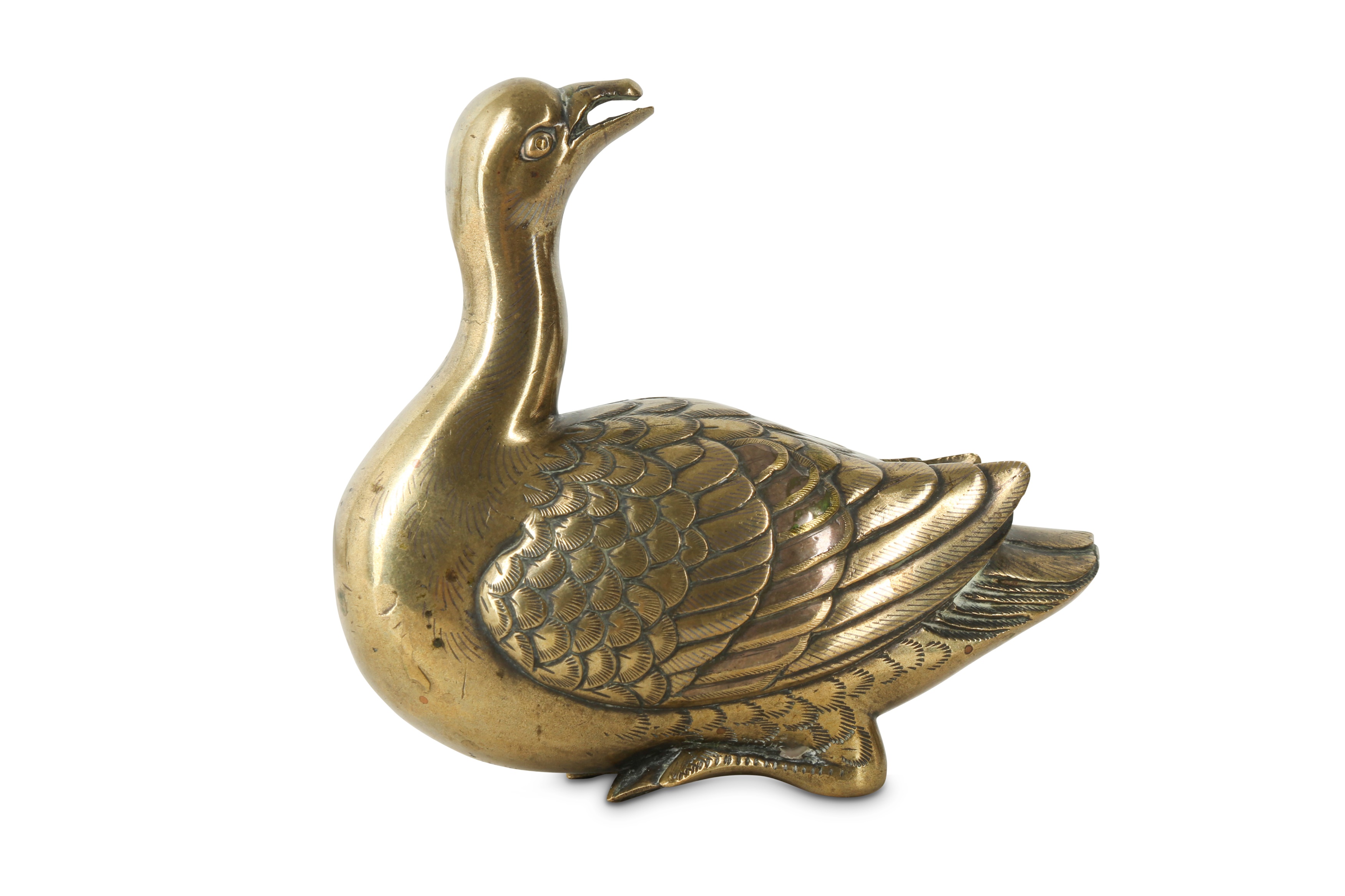 A CHINESE SILVER AND GOLD INLAID BRONZE 'GOOSE' WATER DROPPER.