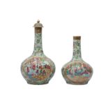 TWO CANTON FAMILLE ROSE BOTTLE VASES AND COVER.