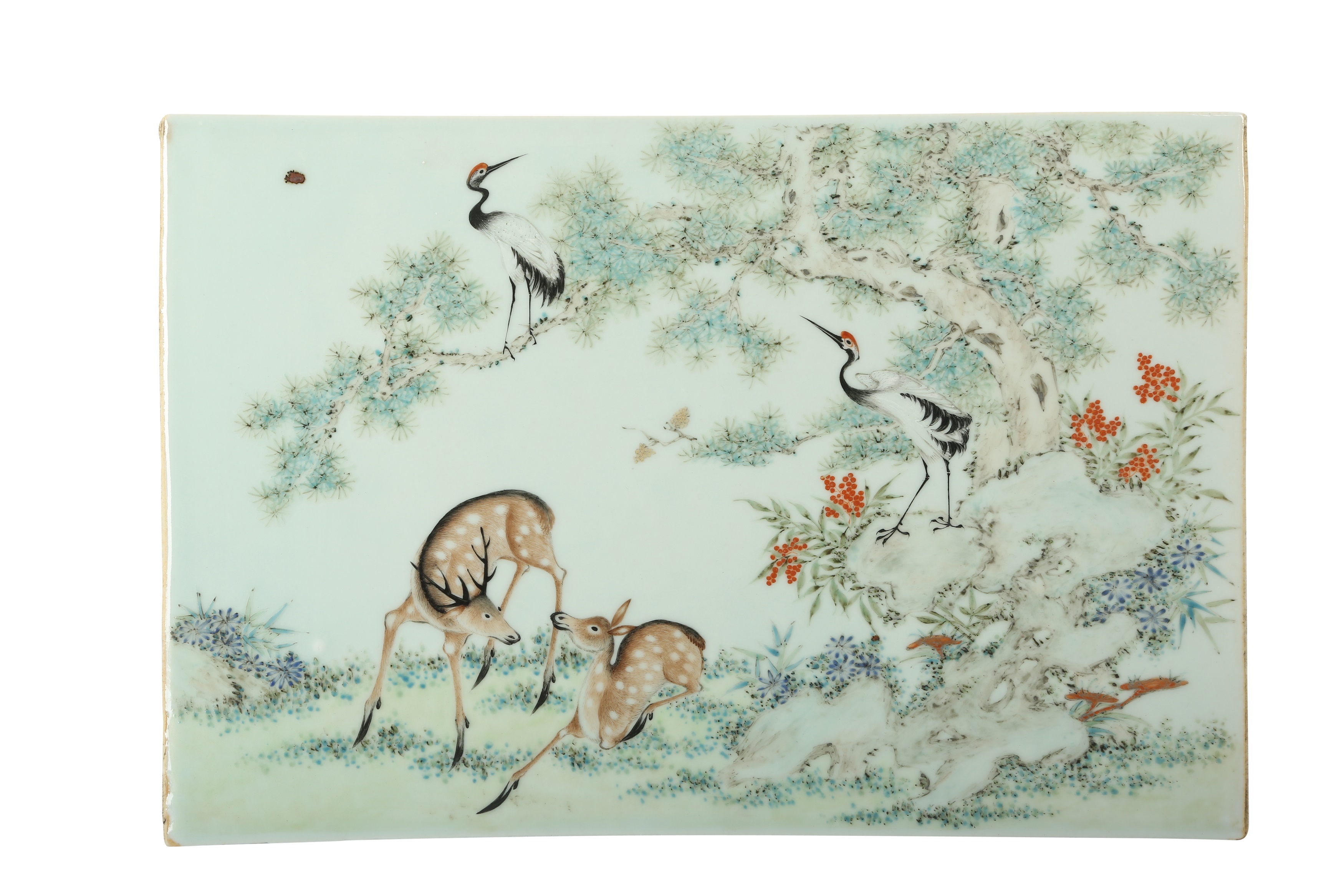 A CHINESE FAMILLE ROSE RECTANGULAR 'DEER AND CRANE' PLAQUE.