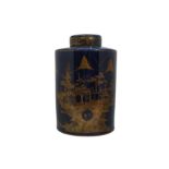 A LARGE CHINESE BLUE-GROUND 'LANDSCAPE' TEA CADDY AND COVER.