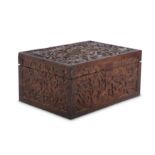 A CHINESE WOOD RECTANGULAR 'MYTHICAL BEASTS' BOX.