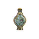 A CHINESE CLOISONNE ENAMEL SNUFF BOTTLE AND STOPPER.
