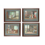 A SET OF FOUR FINE CHINESE EXPORT PAINTINGS OF INTERIORS.
