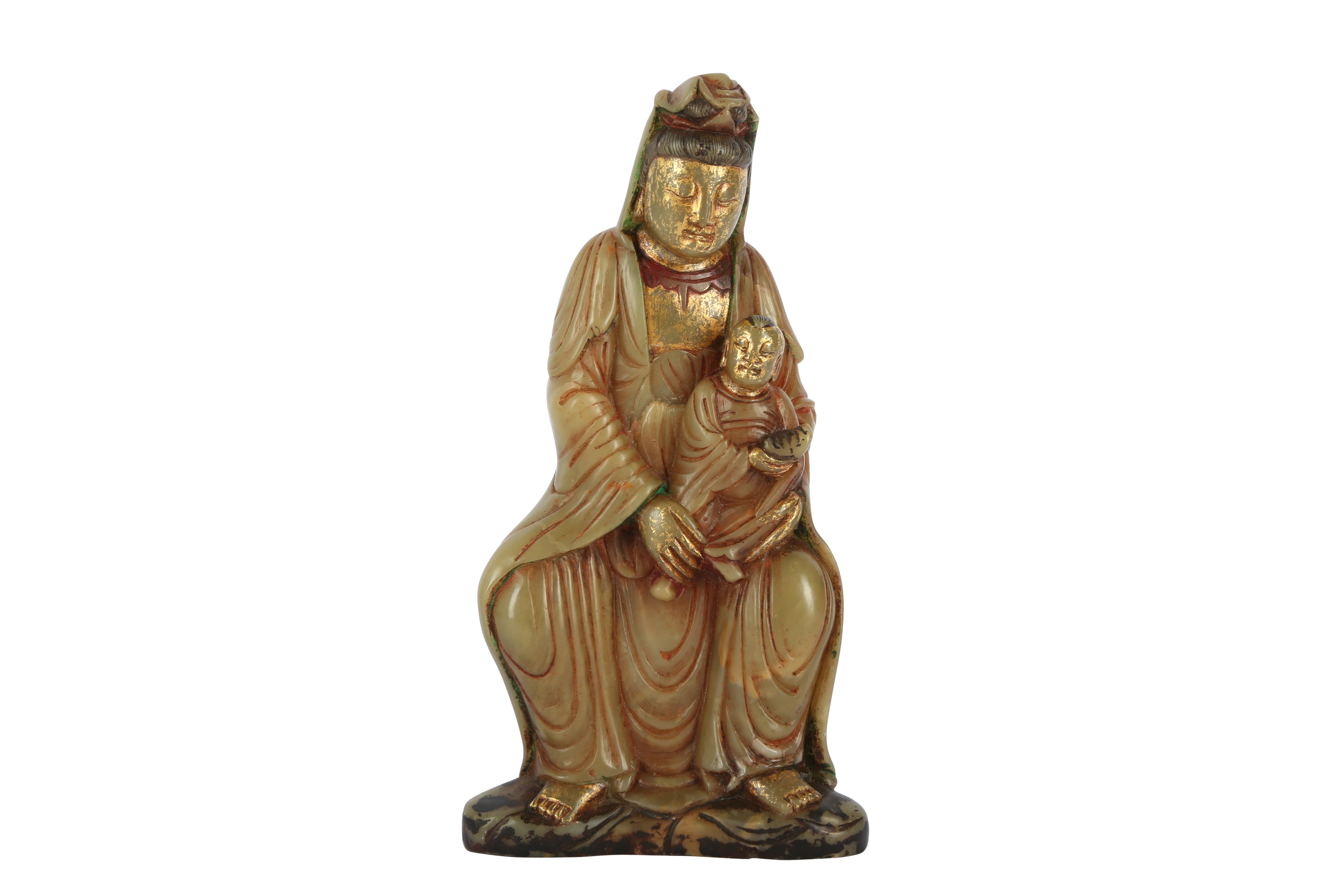 A CHINESE SOAPSTONE FIGURE OF GUANYIN AND CHILD.