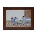 A CHINESE FAMILLE ROSE 'ARTISTS' PORCELAIN PLAQUE MOUNTED AS A LOW TABLE.