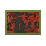 A CHINESE CINNABAR AND GREEN LACQUER FIGURATIVE PANEL.