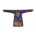 A CHINESE BLUE-GROUND EMBROIDERED 'DRAGON' SILK ROBE, JIFU.