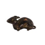 A CHINESE GOLD-SPLASHED SILVER AND BRONZE INLAID BRONZE 'RAT' PAPERWEIGHT.