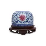 A CHINESE BLUE AND WHITE AND PINK ENAMEL 'LOTUS' WATER POT.
