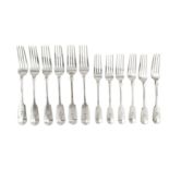 A set of six Victorian sterling silver table forks and dessert forks, London 1838/39 by Charles